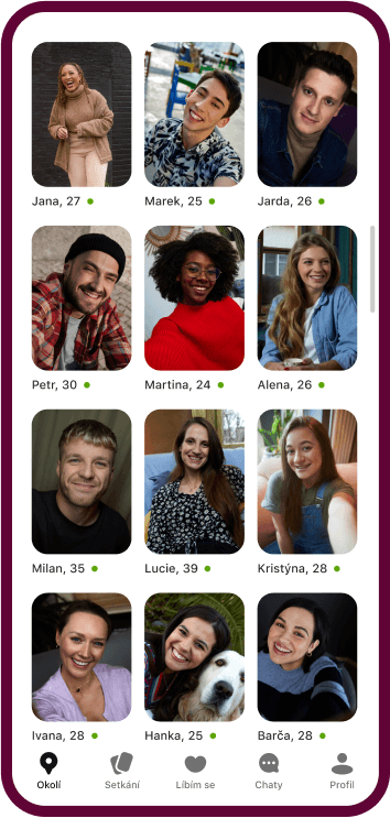 Aplikace Badoo zobrazuje tabulku profilů různých žen